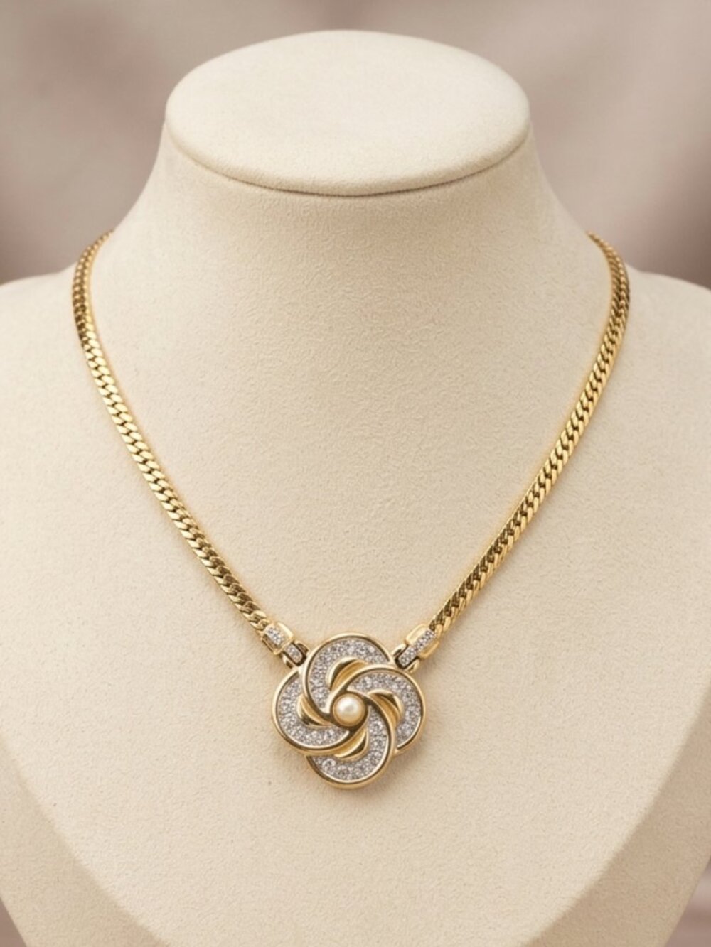 Vintage D' Orlan Triple Signed 22K Gold Pearl Crystal Flower Choker Necklace